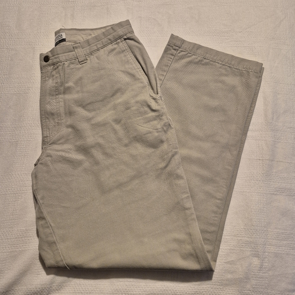 Columbia mens twill pants size 33 x 32 stone color, 1 mark pictured VGUC